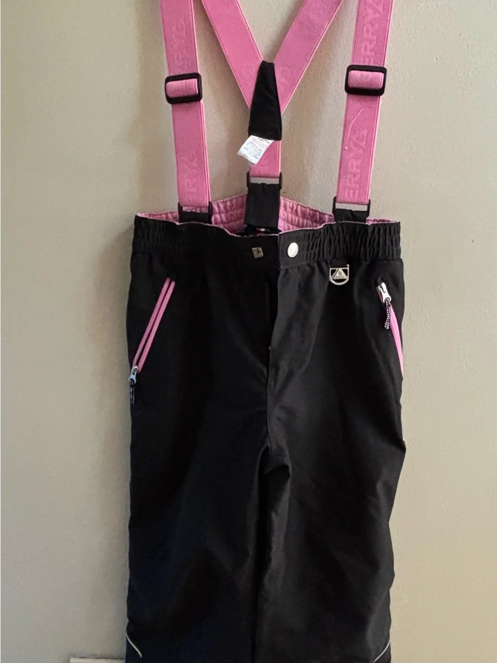 Kids Black Ski Overalls with Pink Adjustable Suspenders